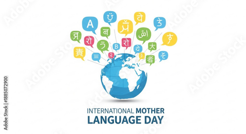 A colorful vector graphic celebrating International Mother Language Day with a globe and speech bubbles