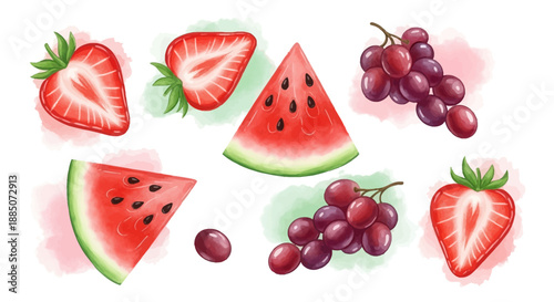 Fresh Fruits and Berries Illustration Featuring Watermelon, Strawberries, and Grapes on a Simple Background from a Direct Viewpoint