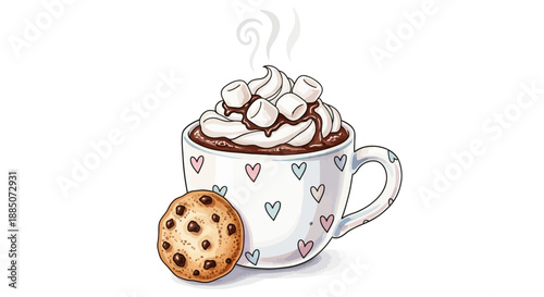 A digital illustration of a steaming cup of hot chocolate with marshmallows and a cookie beside it, viewed from the side.