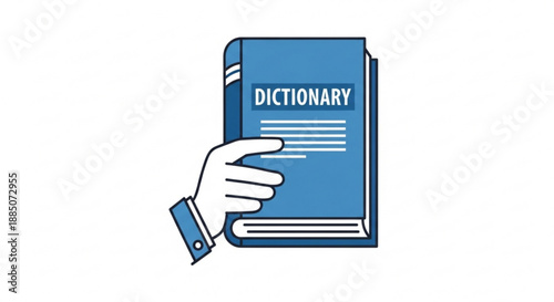 A hand holding a blue dictionary book with a white background