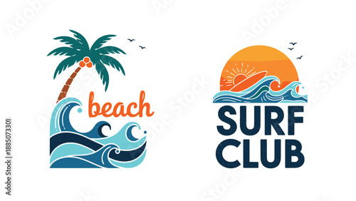 Tropical beach and surf club logo designs with palm trees, ocean waves, seagulls, and a bright orange sun over the water.