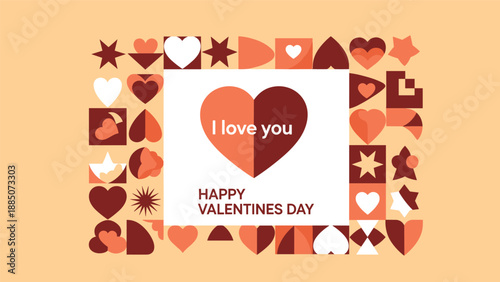 Happy valentines day card with a central heart icon and a decorative border of geometric heart shapes in warm red tones.