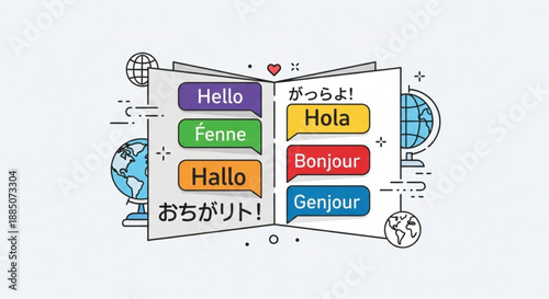 A colorful vector graphic illustration of a book with greetings in different languages and globes