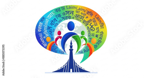 A vibrant vector graphic illustration of a stylized tree with a tower and colorful leaves featuring foreign text