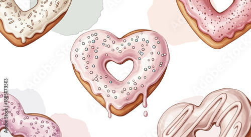 Assorted heart-shaped donuts with icing and sprinkles on a white background viewed from directly above Whisk_7066ff3603ab66192ed4936887f866eadr.eps