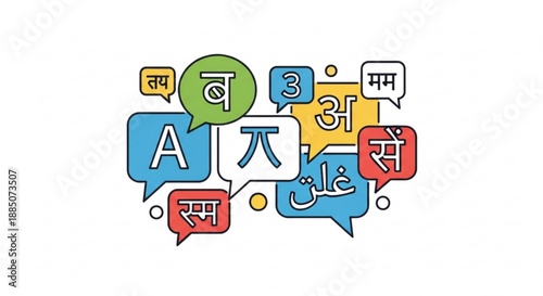 A colorful vector graphic illustration of speech bubbles with letters and symbols from different languages