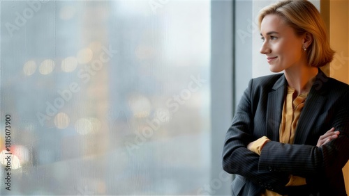 Businesswoman gazing at outside window after rain with gentle expression