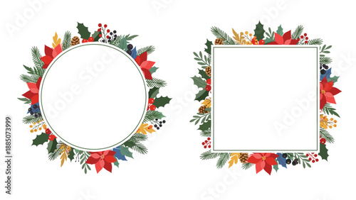 Set of two festive Christmas wreaths in circular and square frames decorated with poinsettia flowers, pine needles, and holly berries.