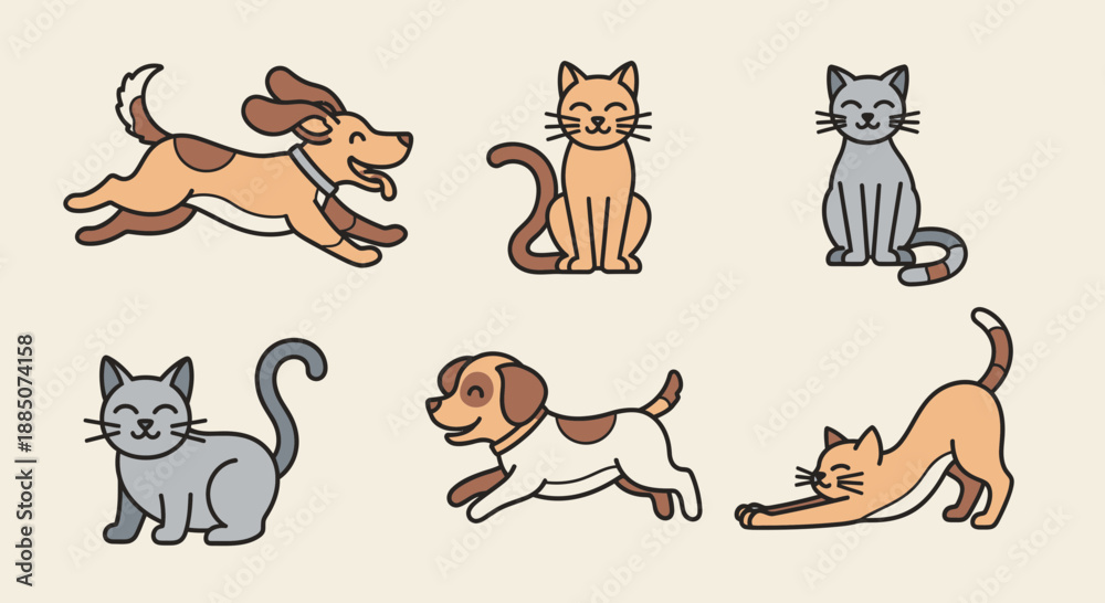 Obraz premium Adorable cartoon cats and dogs in various playful poses and colors showcasing cute animal illustrations in a fun and lively graphic design.