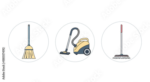 Cleaning equipment including brooms and vacuum cleaner for household and office maintenance and hygiene purposes effectively