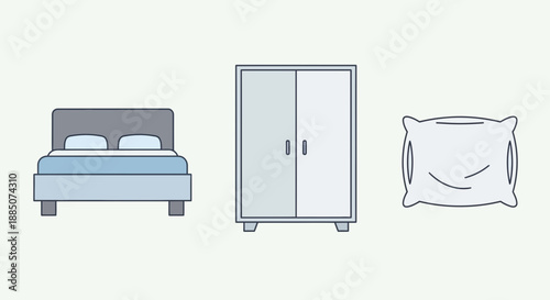 Simple line drawing of bedroom furniture including bed, wardrobe, and pillow on a white background