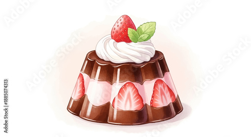 A delicious chocolate dessert with strawberries and whipped cream on top, viewed from directly above.
