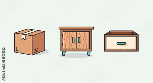 Collection of furniture pieces including a cabinet, nightstand, and drawer for home decor and organization purposes in a minimalist design style.