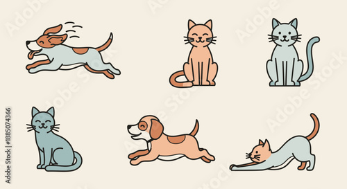 Collection of playful cartoon dogs and cats in various dynamic poses showcasing adorable animal characters in different colors and expressions on a clean background.