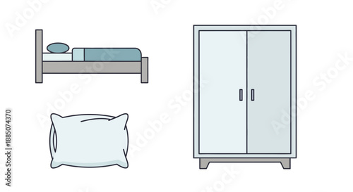 Simple minimalist bedroom furniture illustration with bed, wardrobe, and pillow in a clean design aesthetic on a white background
