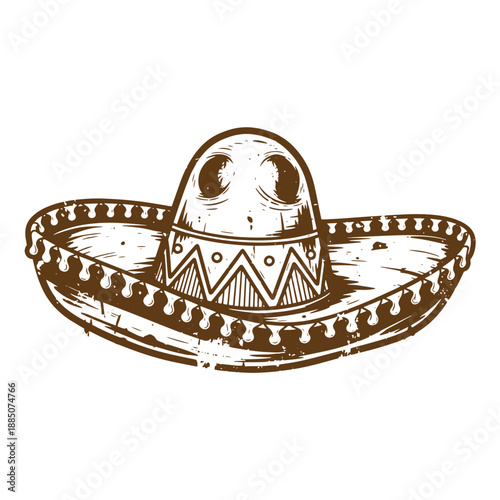 Drawing Vintage grunge  texture brown illustration of a mexican sombrero hat with decorative trim isolated on white background  a traditional latin american headwear