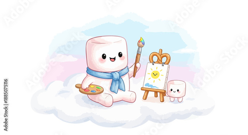 A cartoon marshmallow character painting on an easel with a palette and brush in a whimsical cloud environment