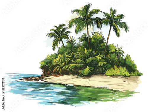 isolate white background, Tropical island background with lush vegetation and beaches., drawing in color pencil art and copy space, very simple and isolate in the style of animated illustrations