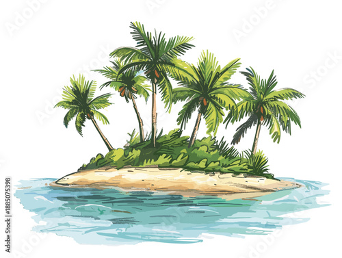 isolate white background, Tropical island background with lush vegetation and beaches., drawing in color pencil art and copy space, very simple and isolate in the style of animated illustrations
