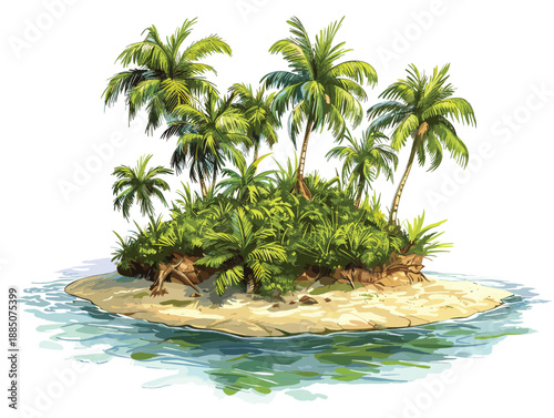 isolate white background, Tropical island background with lush vegetation and beaches., drawing in color pencil art and copy space, very simple and isolate in the style of animated illustrations