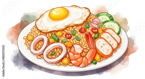 Delicious food illustration featuring fried rice, egg, and seafood on a plate, viewed from above in a culinary setting