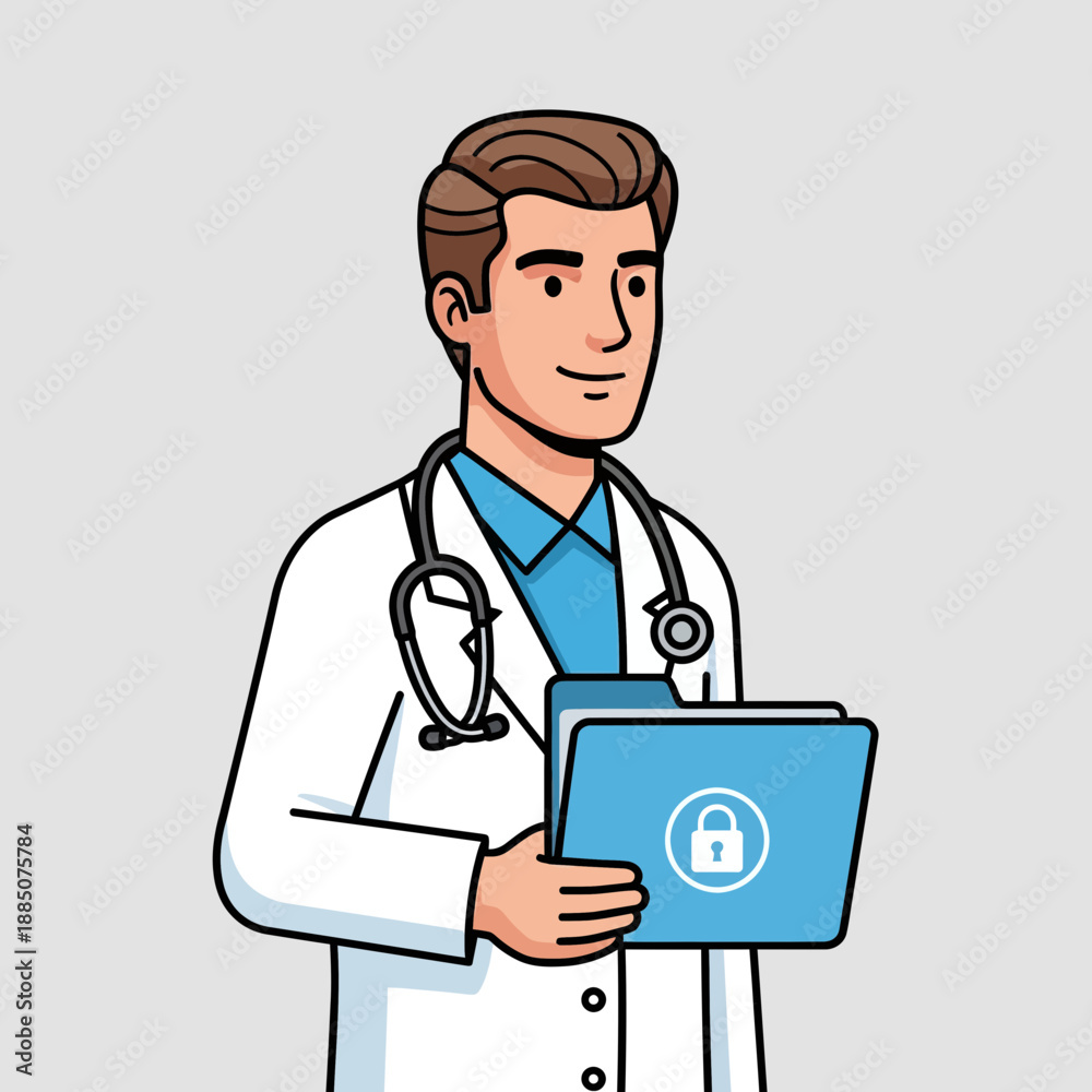 Fototapeta premium Professional male doctor in a lab coat with a stethoscope holding a confidential patient folder.
