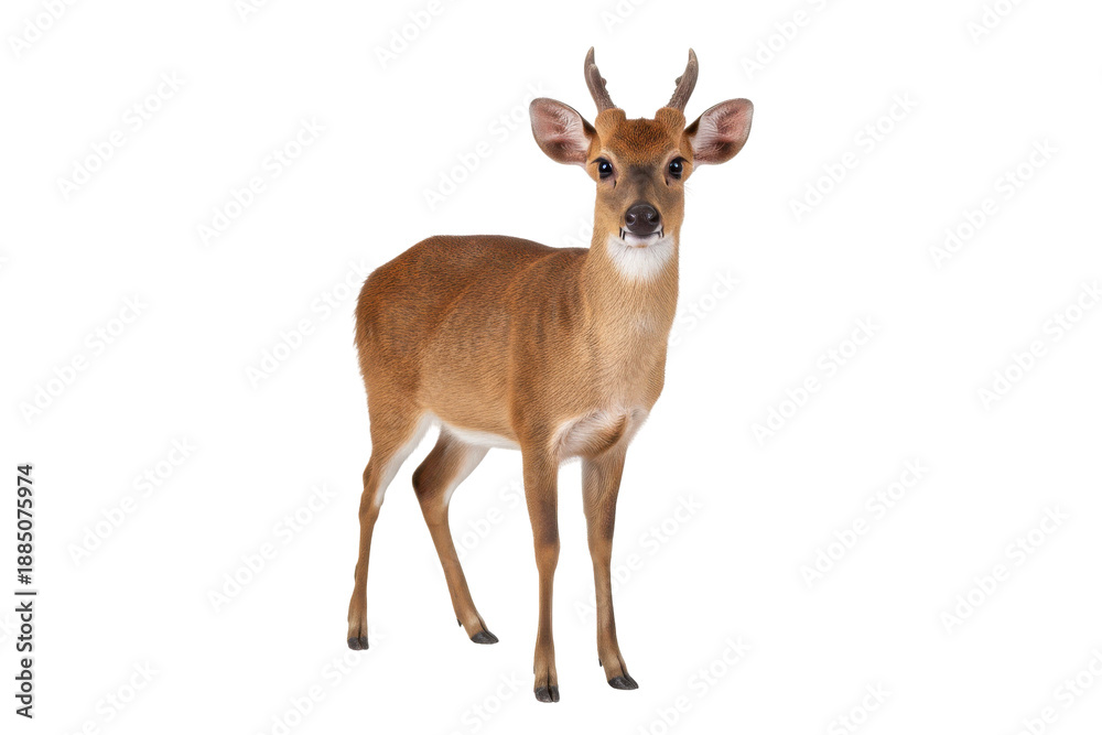 Obraz premium Small Deer with Antlers Standing on White Background