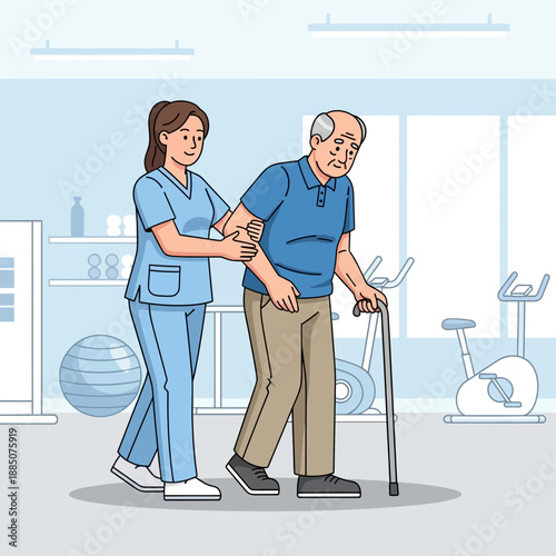 Female nurse assisting an elderly man with a walking stick in a rehabilitation center.