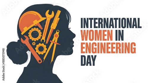 International Women in Engineering Day text next to a female profile filled with tools and gears