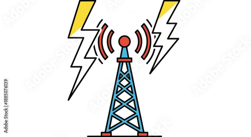 Cell tower with lightning bolts and signal waves on white background symbolizing network connectivity and power