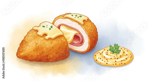 Crispy Fried Chicken Cordon Bleu with Sauce and Herbs on a Plate, Served on a Table, Top View
