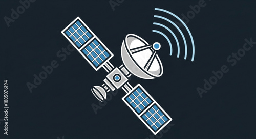 Satellite in space with solar panels and signal waves emitted against dark background