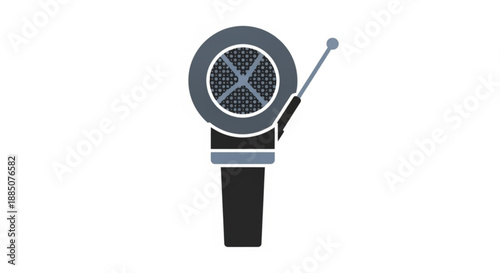 Vector graphic of a vintage microphone with a mesh grille and stand on a white background symbolizing music podcasting and communication
