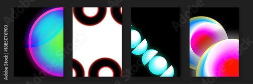 Contemporary poster set with neon Bauhaus inspired geometric circles and semicircles using high contrast colors