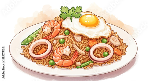A vibrant plate of fried rice with shrimp, egg, and vegetables, served hot and fresh