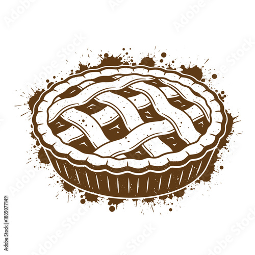 Drawing Vintage grunge  texture brown pie with white lattice crust and splatter design on white background