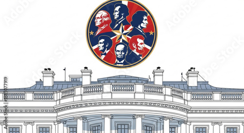The white house with a circular emblem featuring six presidential portraits in red white and blue hues symbolizing american history and governance