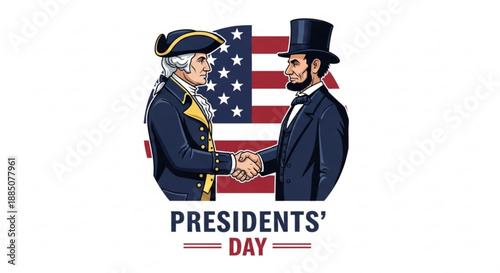 George washington and abraham lincoln shake hands on presidents' day with american flag background