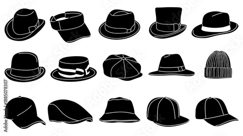 Flat vector illustration set of black hat silhouettes including fedora, bowler, top hat, baseball cap, visor, beanie, bucket hat, and snapback. Perfect for fashion icons, logos, branding, apparel