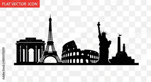 Iconic landmarks silhouette vector illustration famous monuments of paris rome new york city black graphic symbol