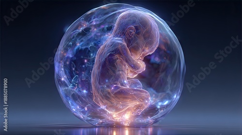 Glowing ethereal human embryo in a translucent sphere with starlight