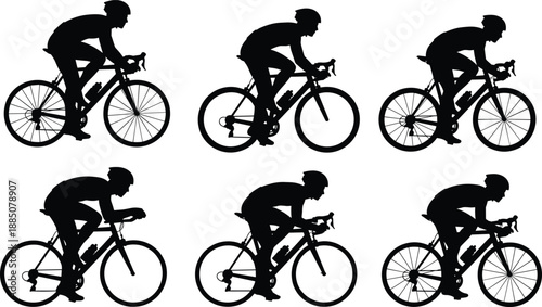 Set of professional road cyclist silhouettes in various racing positions including sprinting and climbing for sports competition and fitness design.
