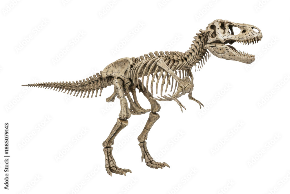 Fototapeta premium Tyrannosaurus Rex Skeleton Fossil Displayed on White Background