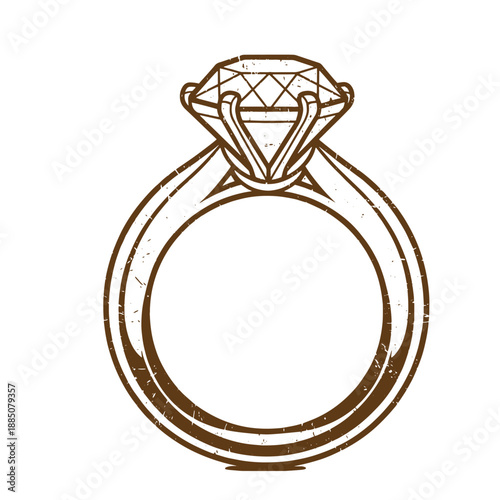 Drawing Vintage grunge  texture engraved style diamond ring with prongs and band isolated on white background