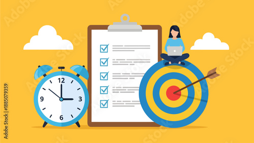 Against a cheerful yellow backdrop, this illustration symbolizes efficient time management featuring a large blue alarm clock, a completed clipboard, and a focused woman working atop a bullseye target