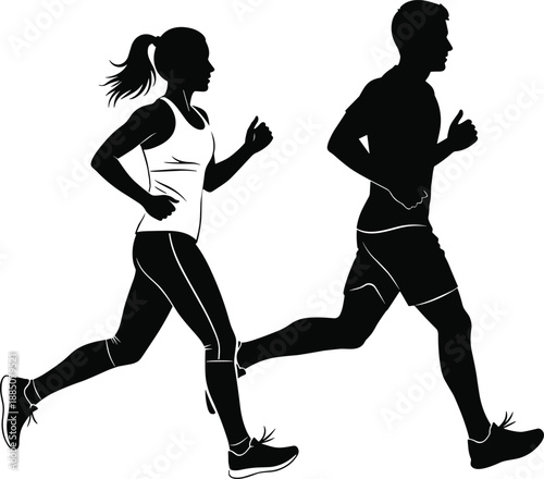 Silhouette of a fit man and woman jogging together in athletic gear, concept for healthy lifestyle, marathon training and fitness
