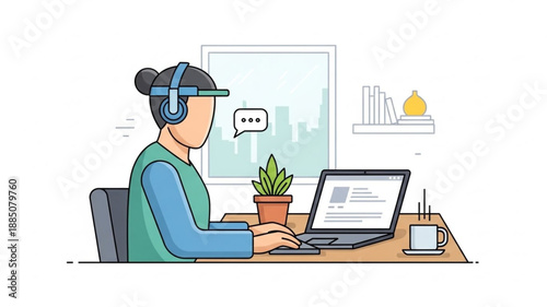 Person wearing headphones working on a laptop computer at a desk.