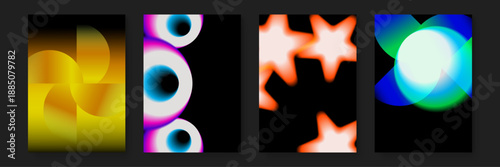 Vibrant abstract collection with yellow geometric fan shapes pink neon rings and white glowing spheres