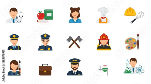 Collection of diverse professional occupation icons in a grid.