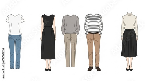 Five Outfits Laid Out For Casual Wear And Everyday Style.